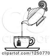 Clipart Of A Black And White Tea Pot Pouring Into A Cup Royalty Free Vector Illustration