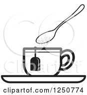Clipart Of A Black And White Spoon Dropping Sugar Into A Tea Cup Royalty Free Vector Illustration by Lal Perera