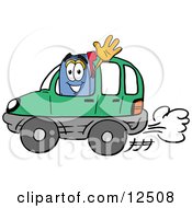 Poster, Art Print Of Blue Postal Mailbox Cartoon Character Driving A Green Car And Waving
