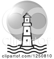 Clipart Of A Black And White Lighthouse And Silver Moon Or Sun Royalty Free Vector Illustration by Lal Perera
