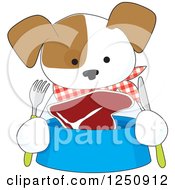 Poster, Art Print Of Hungry Puppy With Steak In His Bowl