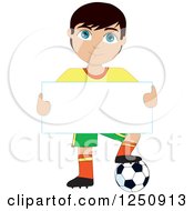 Poster, Art Print Of Soccer Player Boy Holding A Sign And Resting A Foot On A Ball