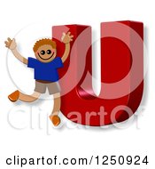 Clipart Of A 3d Capital Letter U And Happy Running Boy Royalty Free Illustration