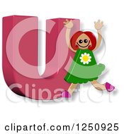Clipart Of A 3d Capital Letter U And Happy Running Girl Royalty Free Illustration