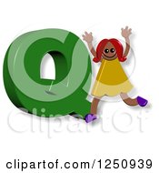 Clipart Of A 3d Capital Letter Q And Happy Running Girl Royalty Free Illustration