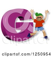 Clipart Of A 3d Capital Letter G And Happy Running Boy Royalty Free Illustration