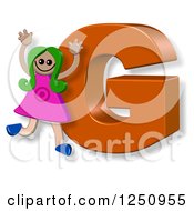 Clipart Of A 3d Capital Letter G And Happy Running Girl Royalty Free Illustration