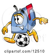 Clipart Picture Of A Blue Postal Mailbox Cartoon Character Kicking A Soccer Ball by Toons4Biz