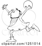 Clipart Of A Black And White Caveman Running With A Bowling Ball Royalty Free Vector Illustration