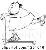 Clipart Of A Black And White Caveman On A Scooter Royalty Free Vector Illustration