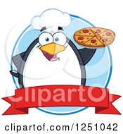 Clipart Of A Chef Penguin Character Holding A Pizza Over A Ribbon Banner Royalty Free Vector Illustration