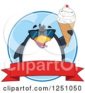 Poster, Art Print Of Penguin Character In Sunglasses Holding Up A Waffle Cone Over A Red Banner