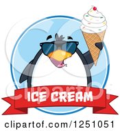 Poster, Art Print Of Penguin Character In Sunglasses Holding Up A Waffle Cone Over A Red Ice Cream Banner
