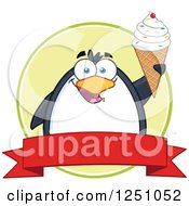 Poster, Art Print Of Penguin Character Holding Up A Waffle Cone Over A Banner