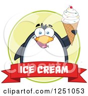 Poster, Art Print Of Penguin Character Holding Up A Waffle Cone Over A Red Ice Cream Banner