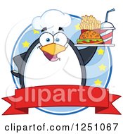 Poster, Art Print Of Chef Penguin Character Holding A Tray Of Fast Food Over A Banner