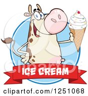 Clipart Of A Beige Dairy Cow Holding Up A Waffle Ice Cream Cone Over A Banner With Text Royalty Free Vector Illustration