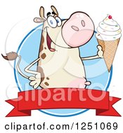 Poster, Art Print Of Beige Dairy Cow Holding Up A Waffle Ice Cream Cone Over A Red Banner