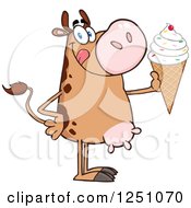Poster, Art Print Of Brown Dairy Cow Holding Up A Waffle Ice Cream Cone With Sprinkles