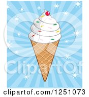 Clipart Of A Waffle Ice Cream Cone With Sprinkles And Vanilla Frozen Yogurt Over Blue Burst Royalty Free Vector Illustration by Hit Toon