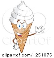 Poster, Art Print Of Waving Waffle Ice Cream Cone Character With Vanilla Frozen Yogurt