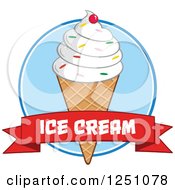 Poster, Art Print Of Waffle Ice Cream Cone With Vanilla Frozen Yogurt And A Text On A Banner