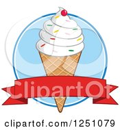 Poster, Art Print Of Waffle Ice Cream Cone With Vanilla Frozen Yogurt And A Red Banner