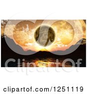 Clipart Of A 3d Alien Lake With A Hovering Planet And Sunset Royalty Free Illustration