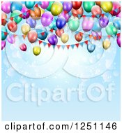 Poster, Art Print Of Blue Flare Party Background With 3d Colorful Balloons And Bunting Banners