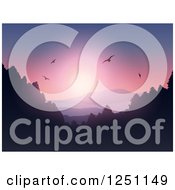 Clipart Of Birds Flying Over Forested Mountains And A Lake At Sunset Royalty Free Vector Illustration