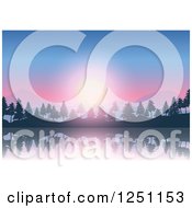 Clipart Of A Sunset Over Mountains Hills And Evergreens Around A Lake Royalty Free Vector Illustration