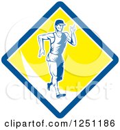 Clipart Of A Retro Male Walkathon Man In A Blue White And Yellow Diamond Royalty Free Vector Illustration