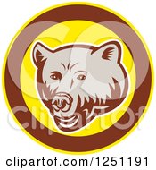 Poster, Art Print Of Retro Woodcut Grizzly Bear In A Brown And Yellow Circle
