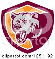 Retro Woodcut Grizzly Bear Roaring In A Maroon And Orange Shield