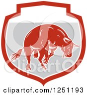 Clipart Of A Retro Woodcut Angry Red Bull In A Gray Shield Royalty Free Vector Illustration