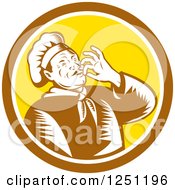 Poster, Art Print Of Retro Woodcut Male Chef Kissing His Hands In A Brown And Yellow Circle