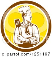 Retro Woodcut Male Chef With A Spatula In A Brown And Yellow Circle