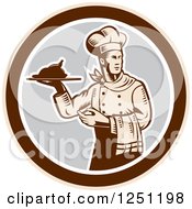 Retro Woodcut Male Chef Serving A Roasted Chicken In A Gray And Brown Circle