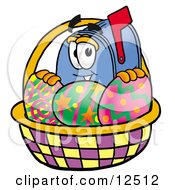 Poster, Art Print Of Blue Postal Mailbox Cartoon Character In An Easter Basket Full Of Decorated Easter Eggs