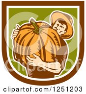 Poster, Art Print Of Retro Male Farmer Carrying A Giant Pumpkin In A Brown White And Green Shield