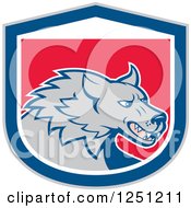 Clipart Of An Angry Wolf In A Blue And Red Shield Royalty Free Vector Illustration