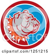 Clipart Of A Guard Bulldog With A Spiked Collar In A Red And Blue Circle Royalty Free Vector Illustration