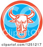 Clipart Of A Retro Angry Bull With A Nose Ring In A Blue And Red Circle Royalty Free Vector Illustration