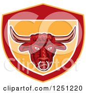 Clipart Of A Retro Angry Red Bull In A Red And Yellow Shield Royalty Free Vector Illustration