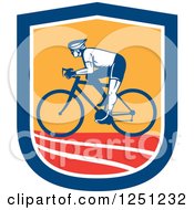 Poster, Art Print Of Retro Cyclist Man In A Blue White Orange And Red Shield