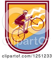 Poster, Art Print Of Retro Cyclist Man Riding Uphill In A Shield