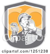Retro Male Plumber Holding A Monkey Wrench And Calling Out In A Shield