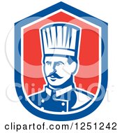Clipart Of A Retro Male Chef In A Red White And Blue Shield Royalty Free Vector Illustration