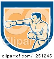 Clipart Of A Retro Male Boxer Punching In A Blue White And Orange Shield Royalty Free Vector Illustration