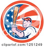 Cartoon Male Baseball Player Batting In An American Flag Circle